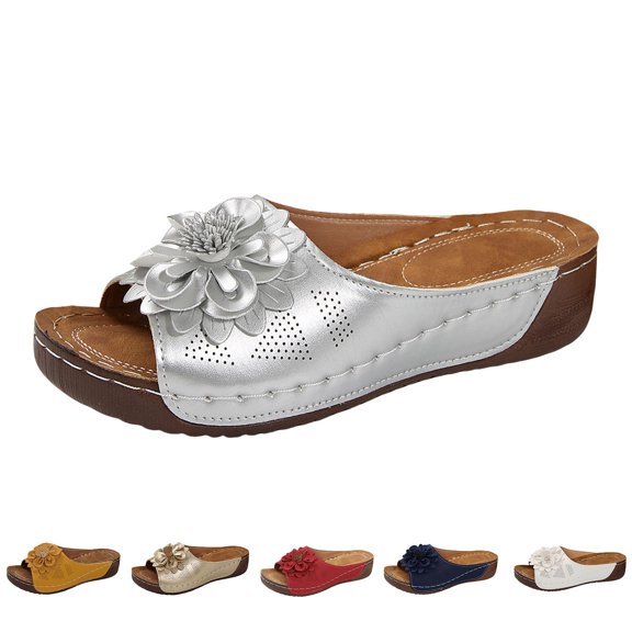 Womens Summer Low Wedge Sandals Open Toe Slides Ladies Dressy Slipper Platform Vacation Comfortable Flower Footwear Silver Size 6