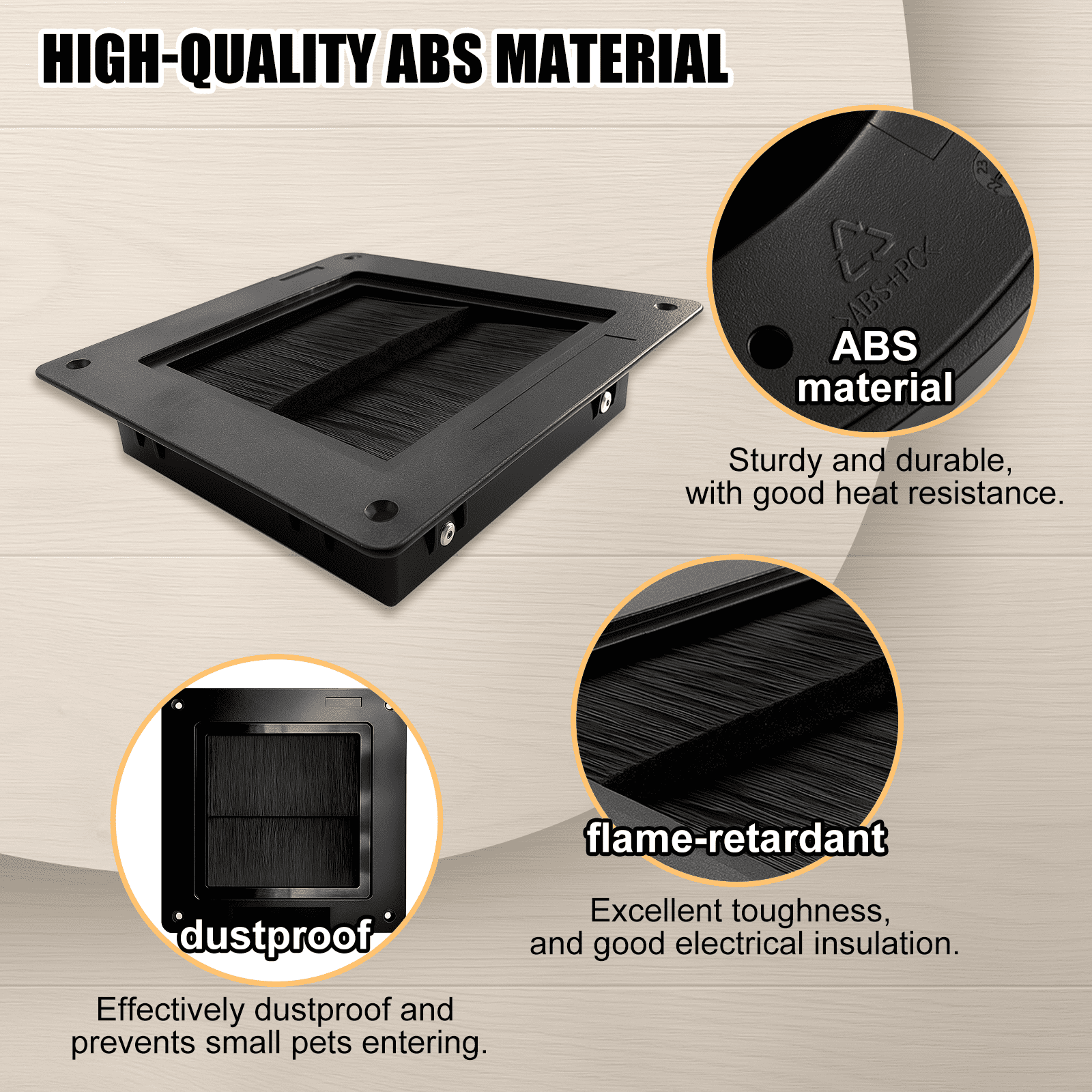 6.89-Inch Square Cable Brush Grommet, Raised Frame Floor Grommet for Data Center Airflow Optimization, Flame-Retardant ABS & Nylon Bristles