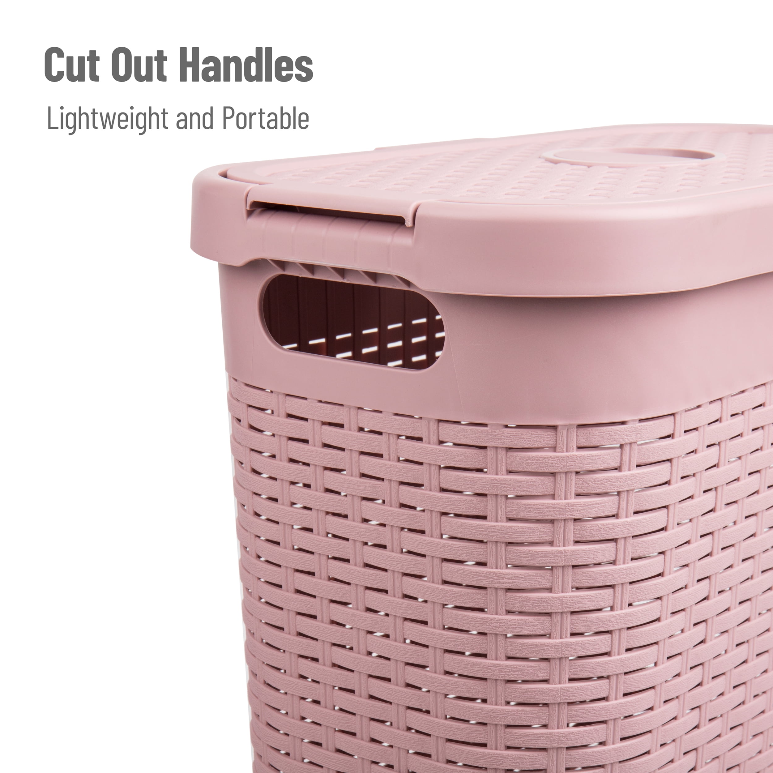 Mind Reader 40L Slim Laundry Hamper, Clothes Basket, Lid, Wicker Design, Plastic, 18"L x 10.4"W x 23.5"H, Pink