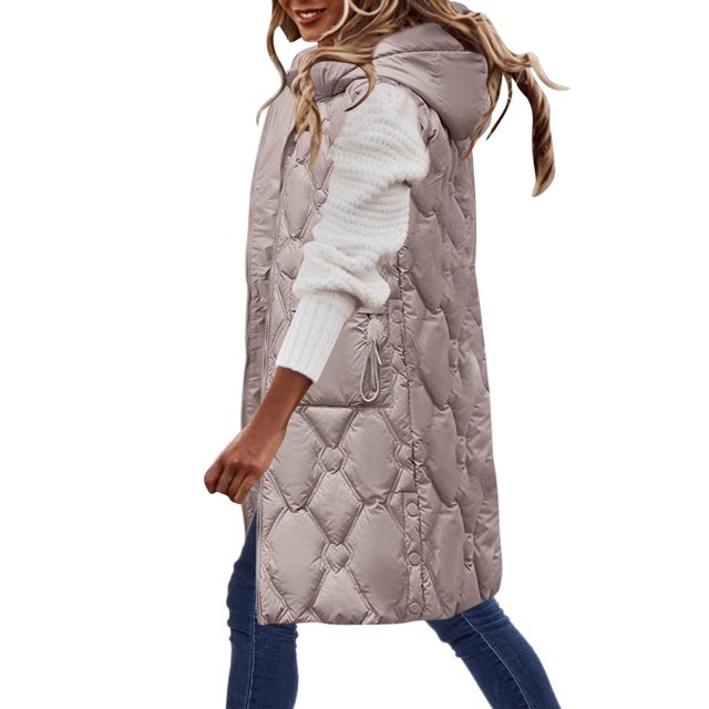Gibobby Chamarra acolchada ligera para mujer, Chaleco largo de invierno para mujer, con cierre, ligero, acolchado, moderno, cálido, con capucha, ropa de chamarra(Caqui,XG)