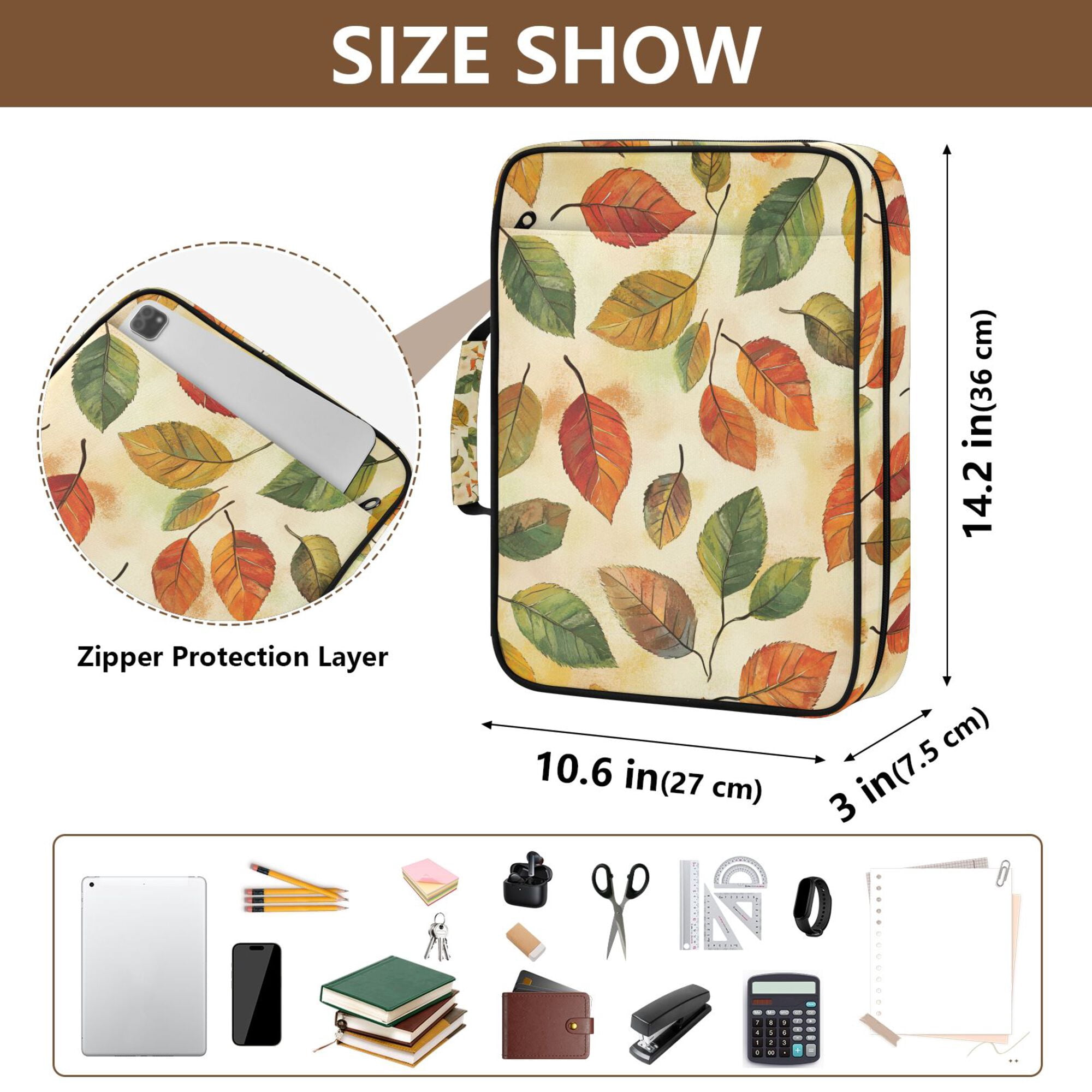 FORMRS Accordion File Folder A4 Size 7-Pocket Expanding Document Organizer Bag with 3 Ring Binder, Beige Leaves