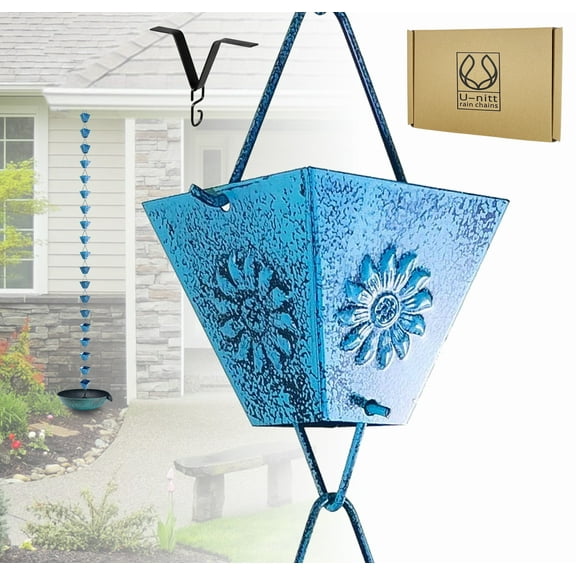 U-nitt Rain Chains, Roof Gutter Downspout Channel, Rainwater Catcher/Diverter, 8.5 FT, Metal, Black Powder Coated, Patina, Sunflower Square Cup, 5515PA