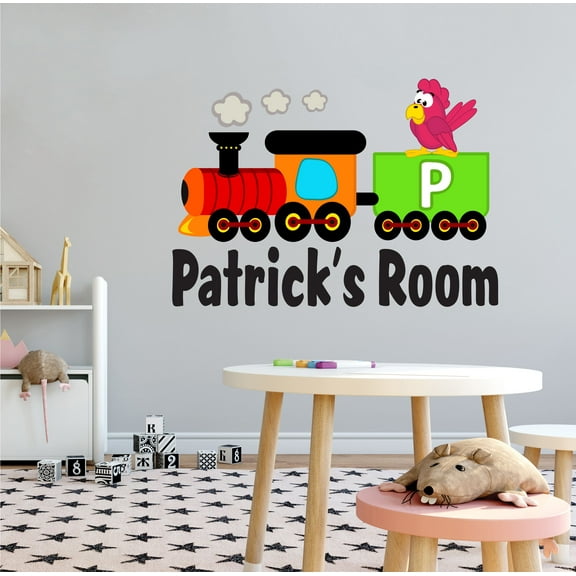 ALPHABET - Multicolored Kids Nursery Bedroom Personalized Name Lettering Art Décor - Letter P Alphabet Parrot & Train Design - Home Living Room Easy To Apply Wall Sticker Decoration 10" x 7"