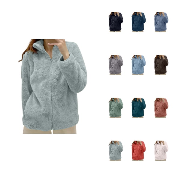 Women's Sherpa Zip-Up Jacket â High Neck, Long Sleeve, Solid Color Cozy Outerwear Without Hood