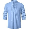 thumbnail image 3 of Wyobmus Men's Cotton Lined Turtleneck Shirts Retro Lace Up Shirts for Renaissance Pirate Scandinavia Medieval Light Blue, 3 of 4