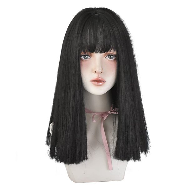 HUAISU Peluca larga de pelo liso negro con flequillo Peluca de pelo largo sintético de alta densidad para mujeres (negro natural 18 pulgadas)