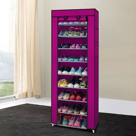 10 Layer 9 Grid Shoe Rack, Shelf Storage Closet Boot Organizer Cabinet Portable，Multi-color（Rose Red）