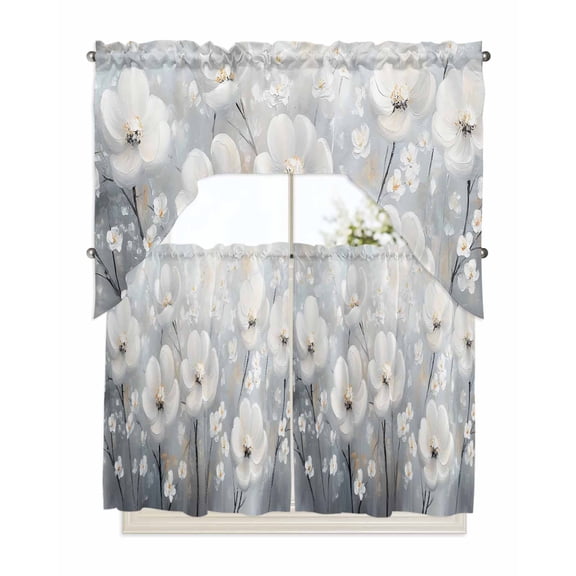 White Flowers Kitchen Curtains Swag Valance and Tier Curtains Set 36 Inch Length, Retro Camellia Floral Spring Grey Modern Art Rod Pocket Drape Panels Pair Swag Curtains for Bathroom/Cafe/Window