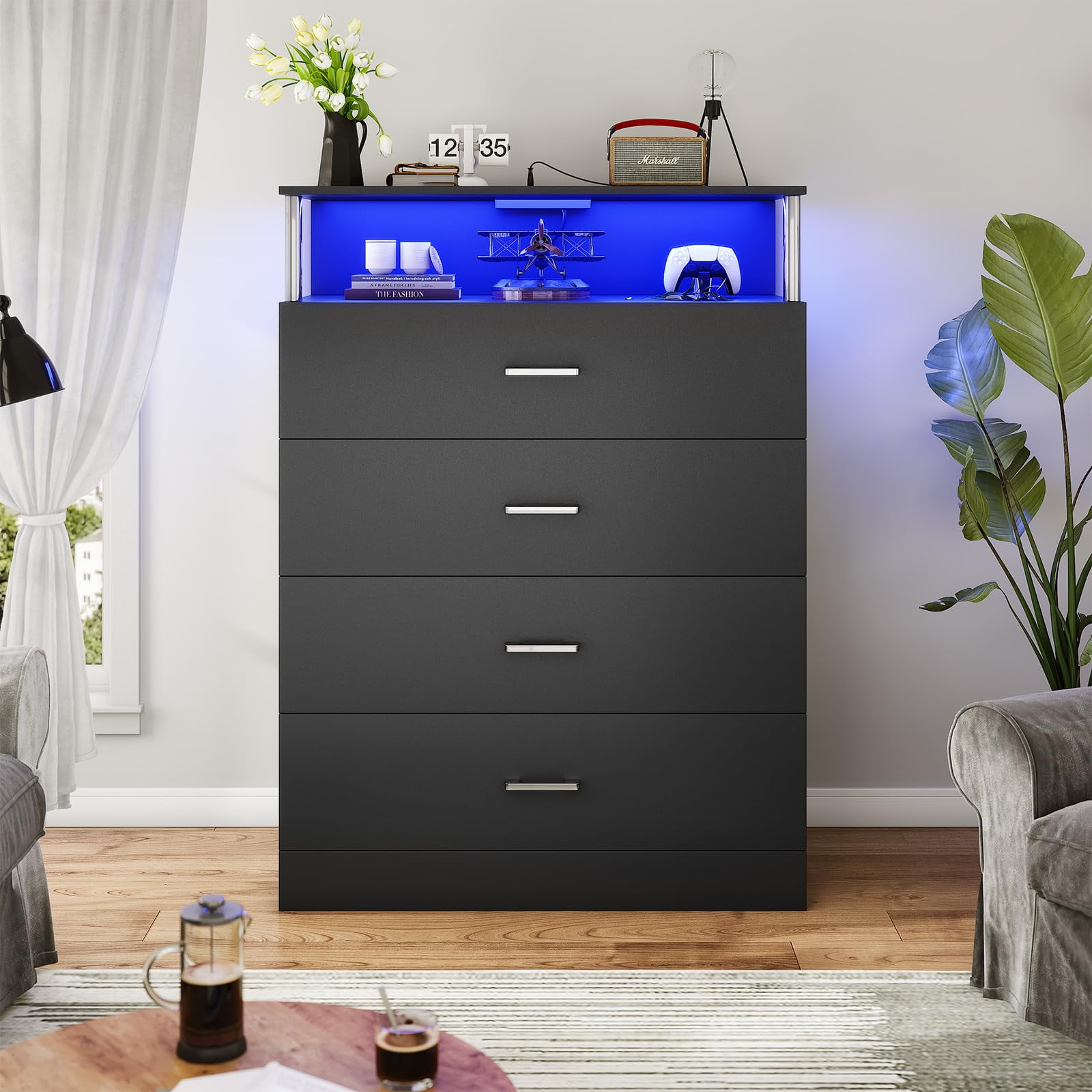 4 Drawer Dresser with Charging Station and LED Light Strip, Dresser for Bedroom with Column