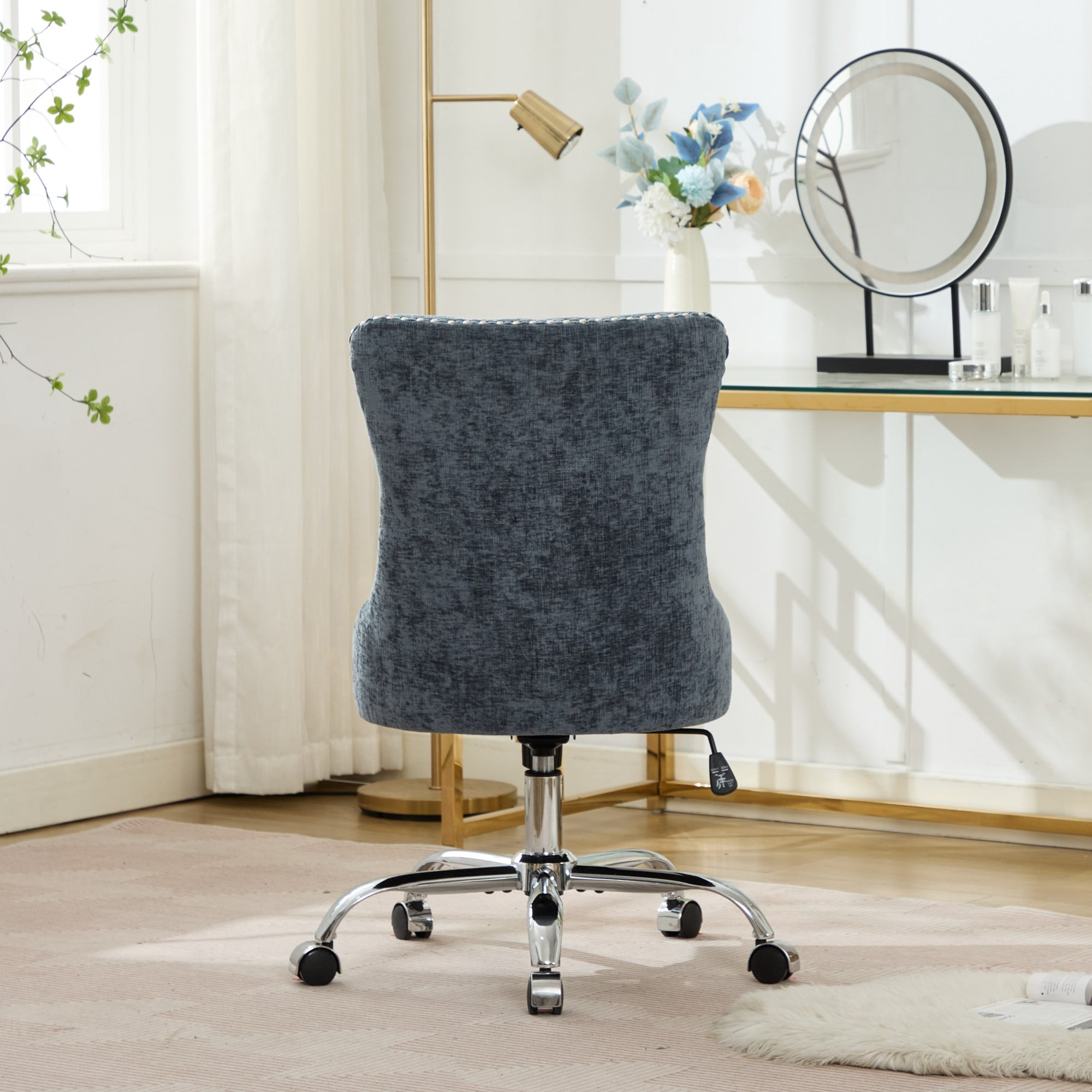 MAYEERTY Modern Chenille Office Chair - Tufted Buttons, Chrome Metal Base, Adjustable Swivel, Light Blue