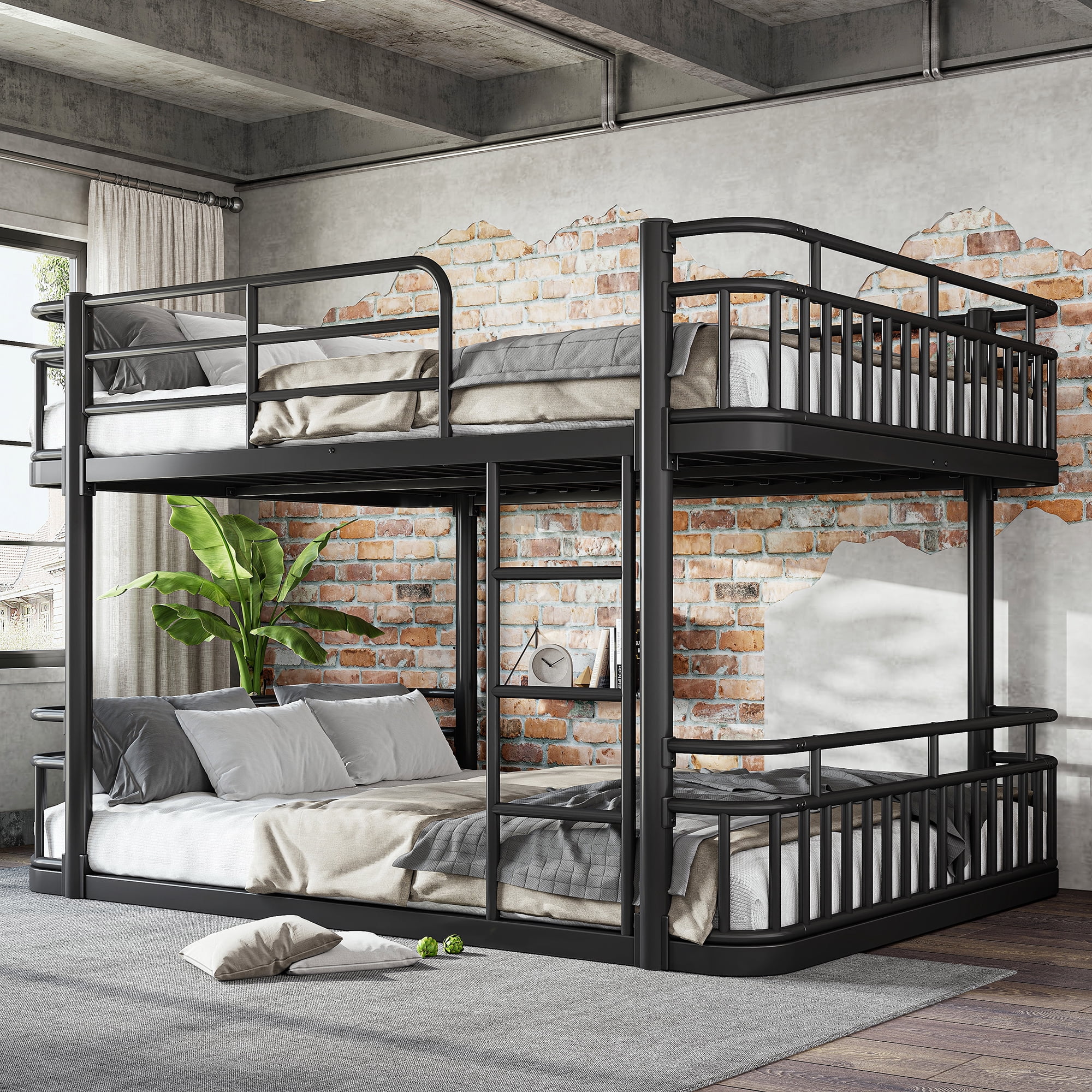 Leumius Queen over Queen Bunk Bed Frame with Ladders & Guardrails, Upgraded Round-Pipe Metal Frame, Stylish & Versatile for Any Room,Black