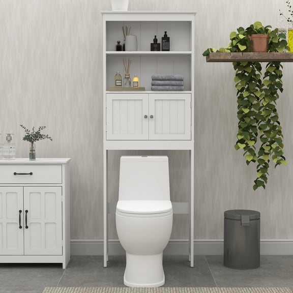 Mintazer Over The Toilet Storage Cabinet, Freestanding 2-Tier Bathroom Storage Shelf with 2 Doors for Bathroom, White
