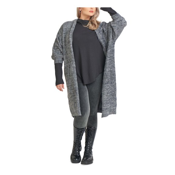 BLACK TAPE Womens Gray Stretch Textured 3/4 Sleeve Open Front Duster Sweater Plus 1X