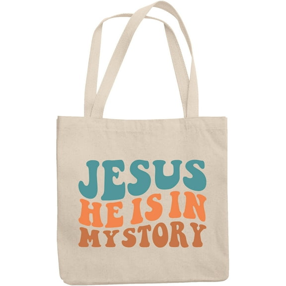 Jesus, He Is in My Story, Quote About Involving God in One's Life, Groovy Retro Wavy Text Merch Gift, 12oz Canvas Tote Bag