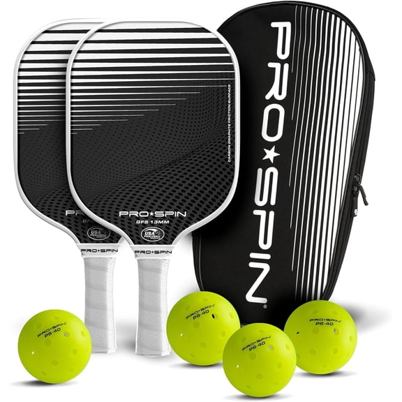 PRO SPIN Pickleball Paddles - Set of 2 USAPA-Approved Graphite Carbon Pickle Ball Paddles (White/White), 4 High-Performance Pickleball Balls, Durable Bag for Rackets & Balls - Great Gift