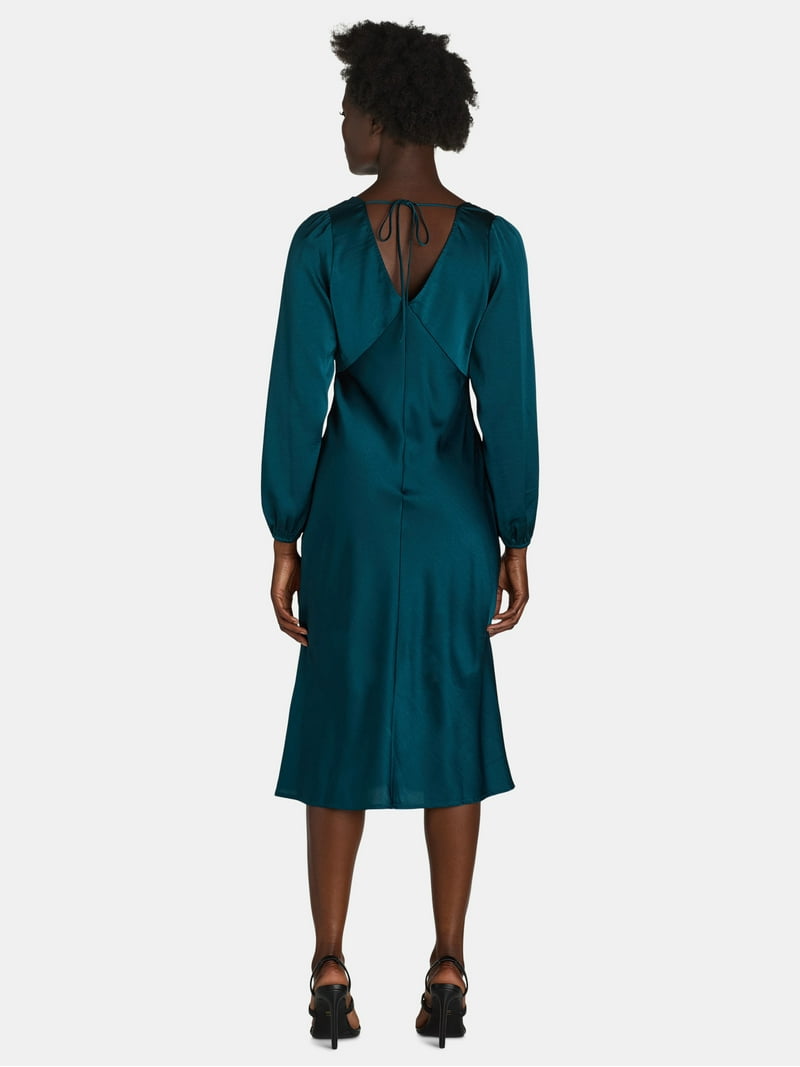 Nine.Eight Satin Midi Dress - V-Neck Long Sleeve Fit