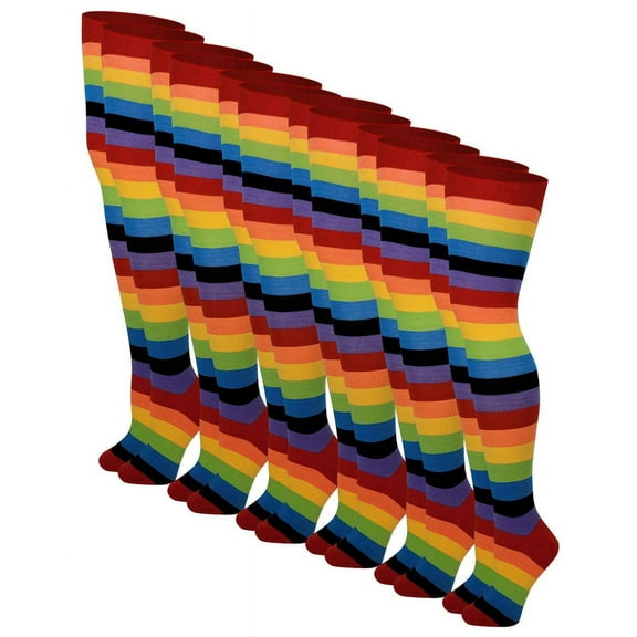 6 Pairs Pack Women Classic Rainbow Wide Stripes Thigh High Over the Knee Socks