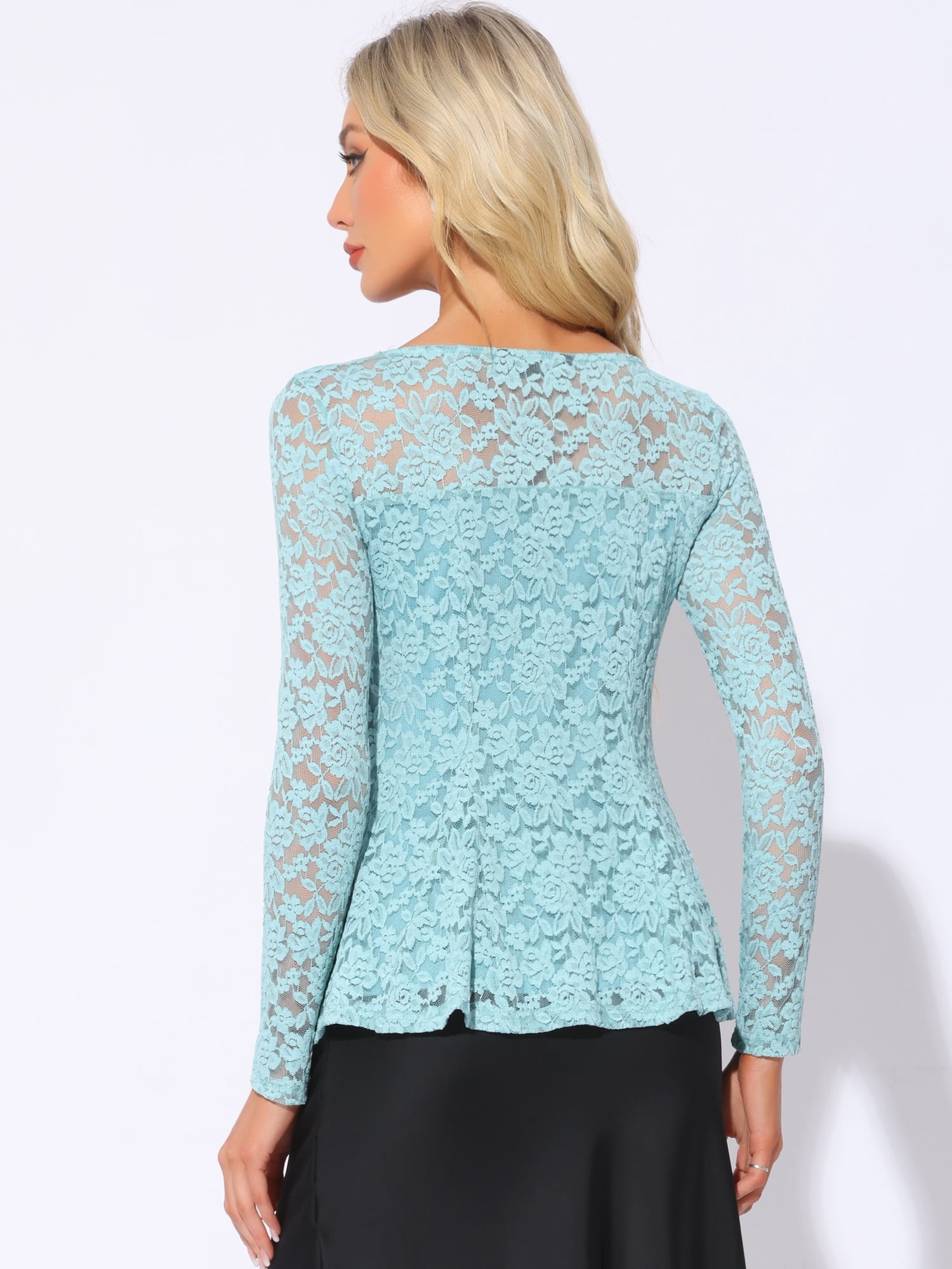 DARING DIVA Lace Peplum Round Neck Elegant Blouse L Gray Blue