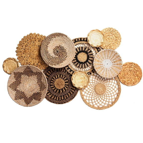 Set 12 Boho Wicker Rattan Plate Basket Set For Décor Hanging Wall | Large Woven Farmhouse Rustic Bohemian Art Baket Hangings For Decorative Home, Bedroom, Living Room, Kitchen, Bathroom (Classic)