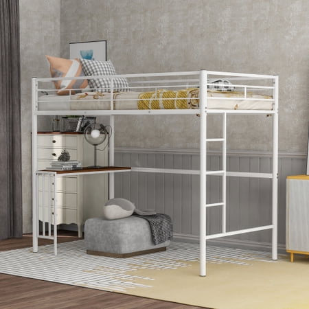 Twin Metal Bunk Bed with Desk  Ladder and Guardrails  Loft Bed with Safety Guard Rails for Bedroom Kids Teens Adults  No Box Spring  White