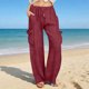 thumbnail image 2 of Pantalones de Vestido de Cintura Elástica para Mujeres Color Sólido Suelto Elástico Cordón de Cintura Pantalones de Pierna Recta de Bolsillo Grande, 2 of 5