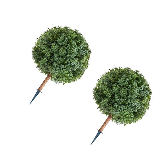 Dranite Artificial Boxwood Topiary Trees 27" Outdoor Indoor, 2 Pack Fake Potted Plants with Ground Spike - Realistic UV Resistant Faux Shrubs for Porch, Patio, Balcony, Garden Decor