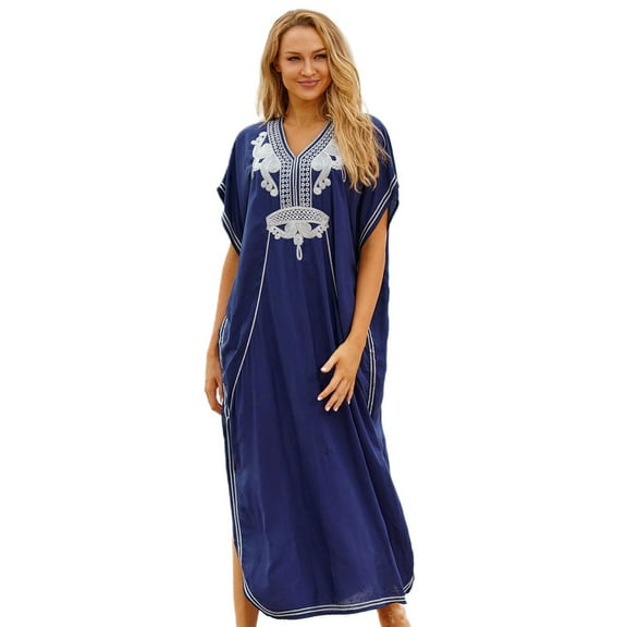 Jesscasday Women Beach Maxi Long Tunic Dress Kaftan Batwing Short Sleeve Bikini Swimsuit Cover Up Embroidered Floral V-Neck Oversized Beachwear