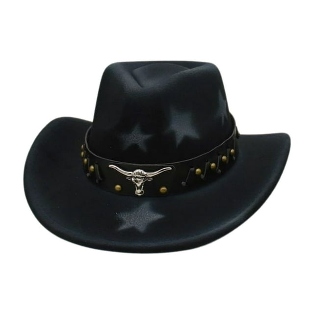 Wdgfv Western Cowboy Hat Featuring Studded Bull Head Design And Star Pattern With Heart Top For Fashionable Western Style Black One Size