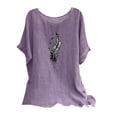thumbnail image 2 of Summer Tops for Women Viikei Womens Plus Size Tops,Women's Fashion Print Tees Casual Crew Neck Raglan Short Sleeve Loose T Shirt Linen Blouses Purple M, 2 of 5