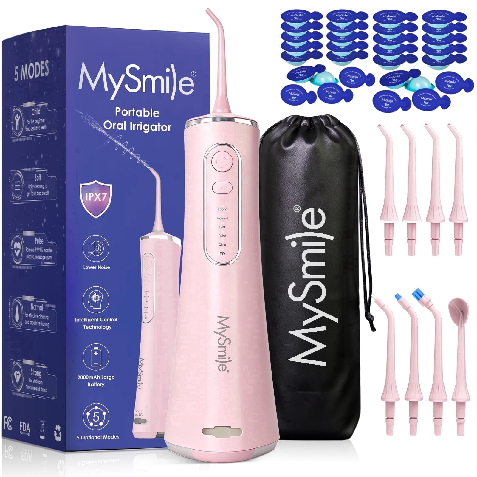 MySmile LP211 Portable Water Flosser Cordless for Teeth & 30pcs Mouthwash Combo, Power Water Dental Flosser Electric Picks, Rechargeable Oral Irrigator, Waterproof, 5 Modes, 8 Tips, Travel Bag, Pink