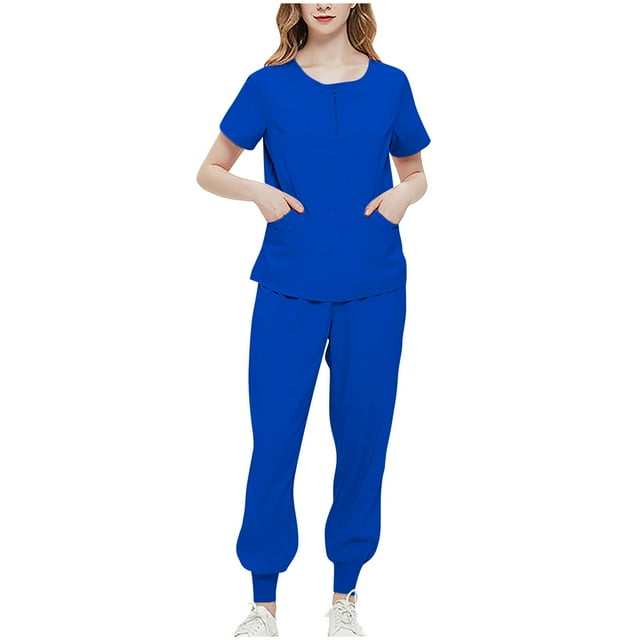 Pisexur Ensemble de Sarraus pour Femmes Uniforme de Travail Ensemble Jogger Couleur Unie Col Ras du Cou Haut Extensible et Pantalon avec Multiples Poches pour Tenue de Travail P-2TG