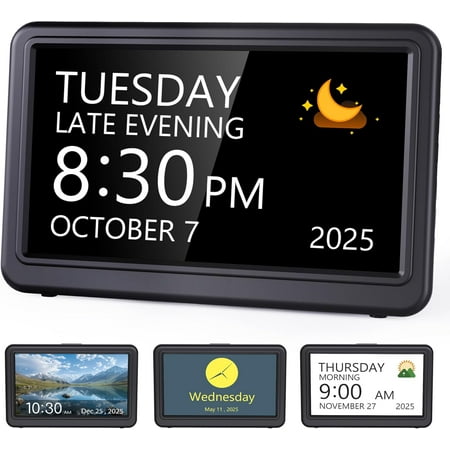 ZJQYDS Date Clock, Digital Calendar Clock with 12 Themes, 20 Alarms, 20 Reminders, Semi-Automatic Dimming, 12/24 Hours, Auto DST for Desktop, Office, Students (Black, 7 Inches)