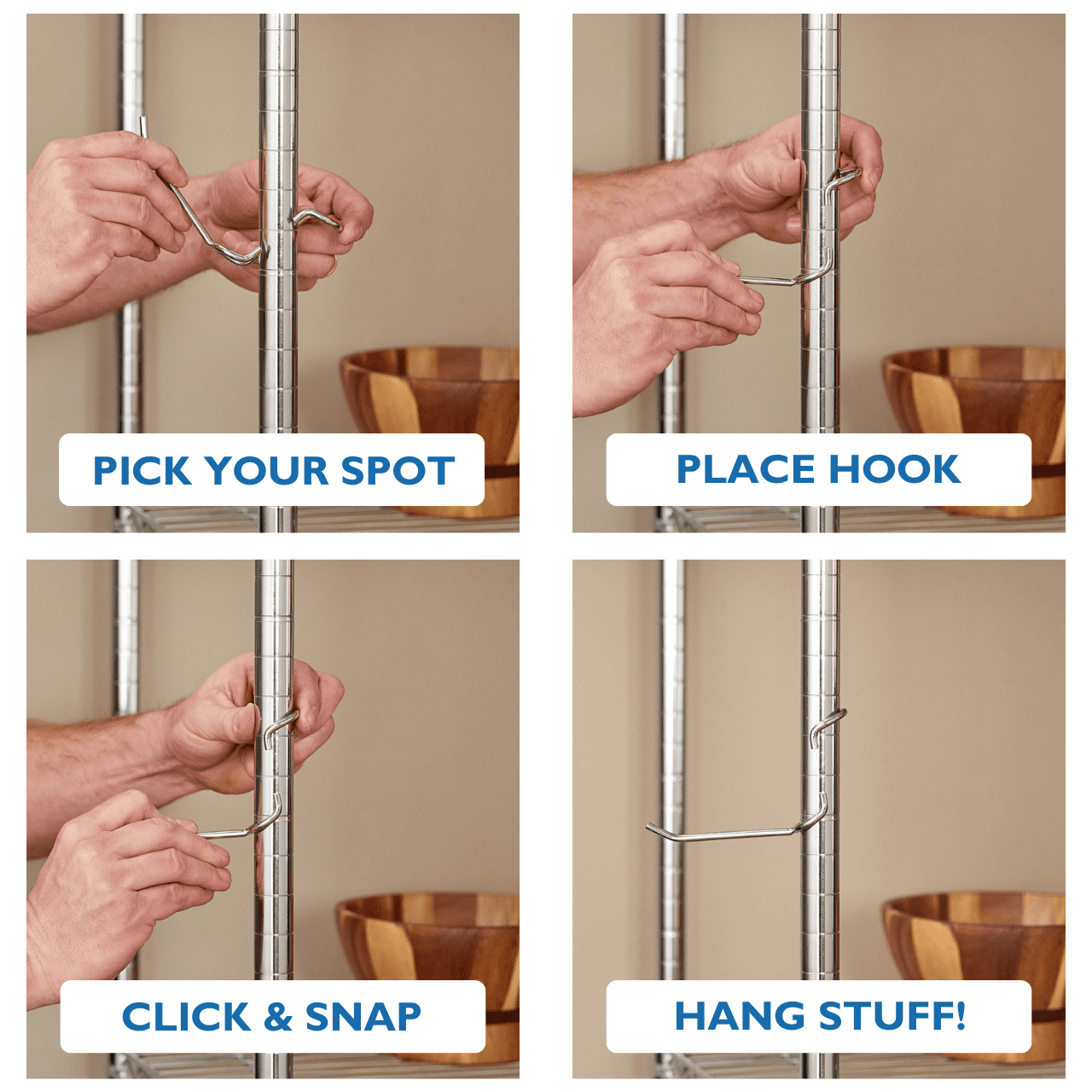 Variety Pack Shelf Pole Hooks – 5 Chrome Wire Shelving Hooks – J-Hook, C-Hook, Utility Hanger for Home & Garage Storage