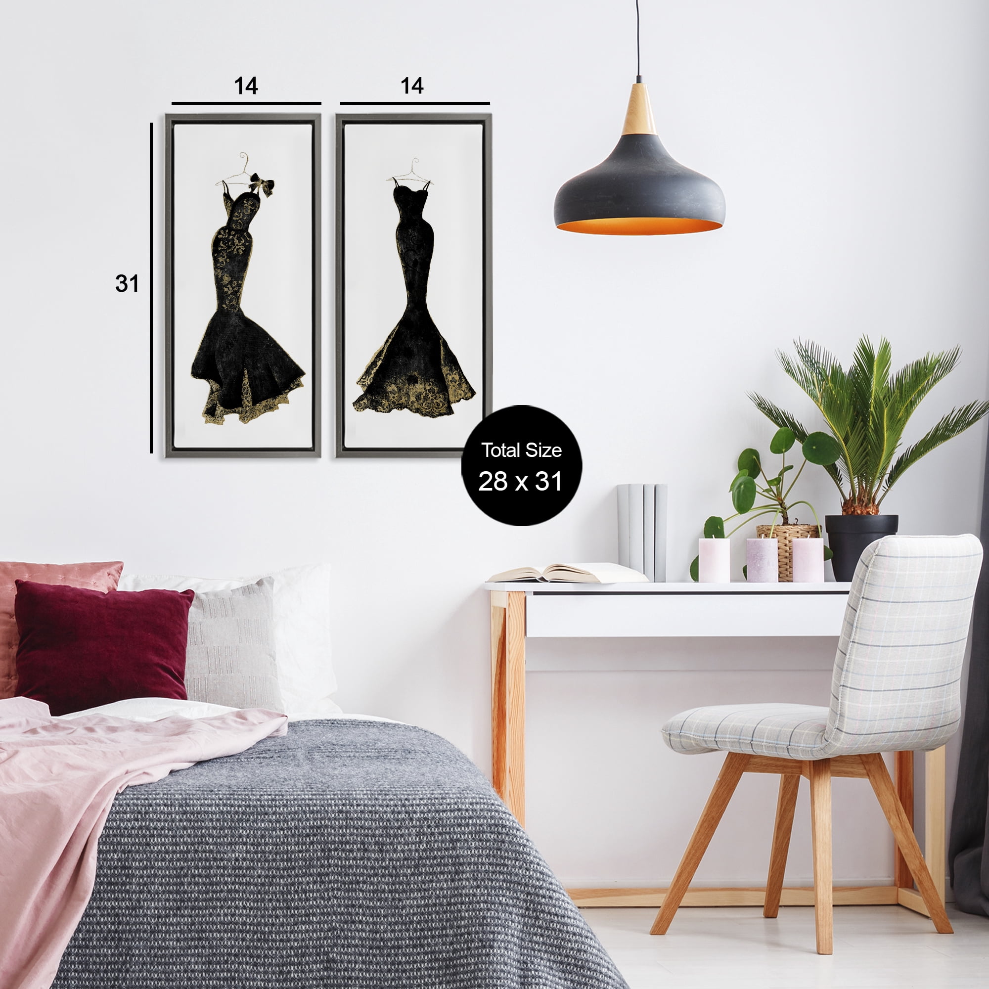 Stupell Industries Gilded Black Evening Gowns 2 Piece Gray Framed Floater Canvas Set, design by Janet Tava