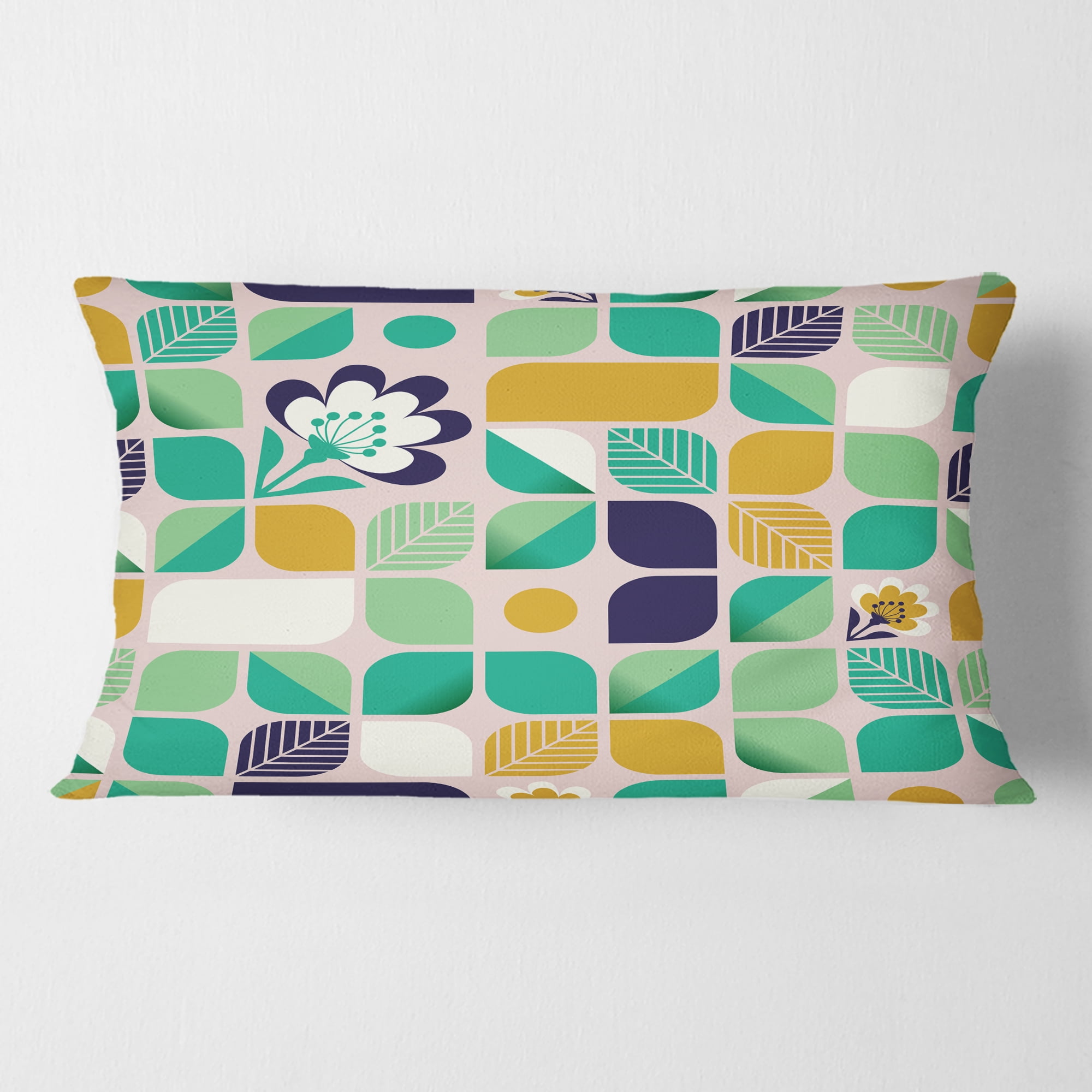 Designart geometric pattern with leaves and flowers' Mid-Century Modern Throw Pillow - 12x20