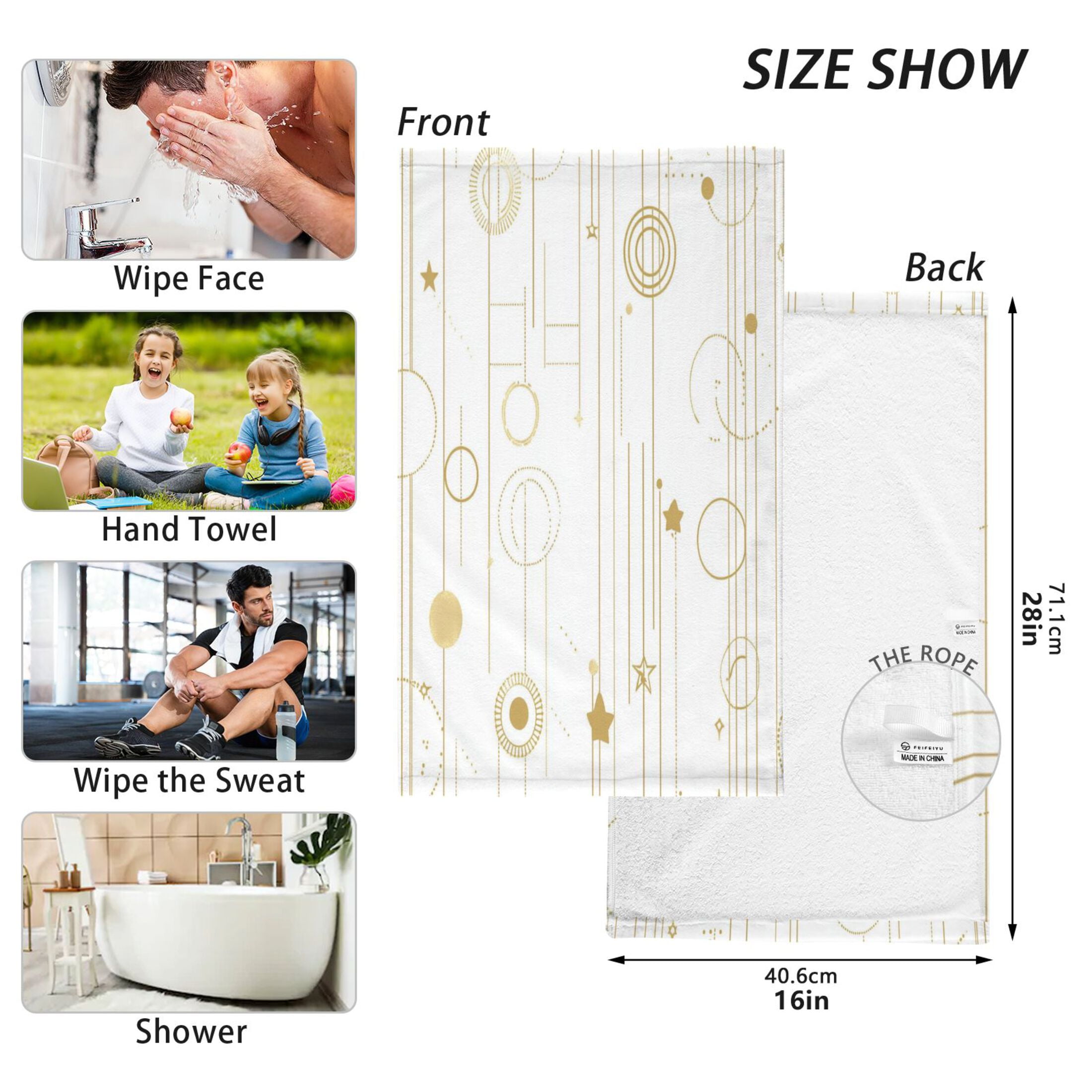 2 Pcs Absorbent Face Towel Bath Hand Towels Soft Breathable Cotton Towel Set for Bathroom Kitchen Hotel Spa Decor Gold and White Geometric Pattern