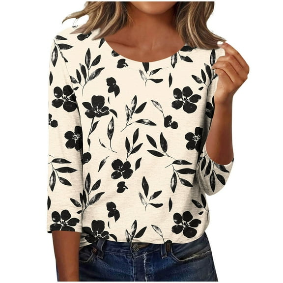 CYMMPU Tunic Tops 3/4 Sleeve Floral Printed Round Neck Loose Fit Summer Fashion Shirts Blouses for Women Dressy Casual Spring Tops Lightweight Basic T-Shirts Khaki S