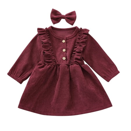 

Dadaria Baby Girl Clothes 6M-5T Toddler Kids Solid Ruffle Botton Dress Princess Dress +Hairband Sets Wine 110 Toddler