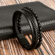 AMARE BEAUTY Natural Stone Lava Matte Black Onyx Leather Beaded Bracelet Men's