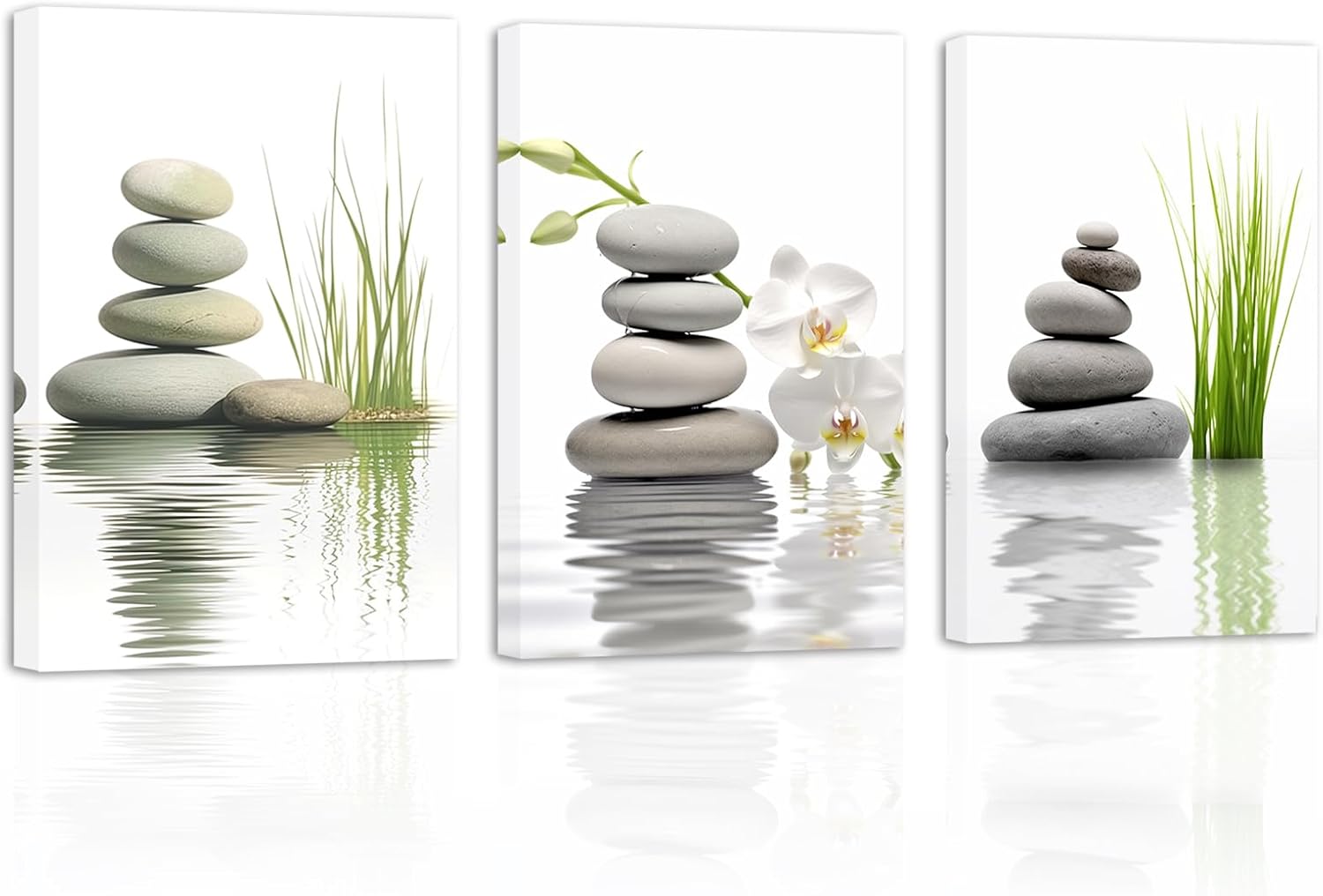 ZHONGYUTONG Bathroom Wall Art 3 Pieces Zen Stones White Orchid on Water Canvas Prints Spiritual Relaxing Picture for Office Yoga Spa Meditation Room Framed (11.00" x 14.00" x 3PCS)