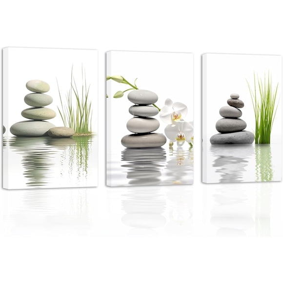 ZHONGYUTONG Bathroom Wall Art 3 Pieces Zen Stones White Orchid on Water Canvas Prints Spiritual Relaxing Picture for Office Yoga Spa Meditation Room Framed (12.00" x 16.00" x 3PCS)