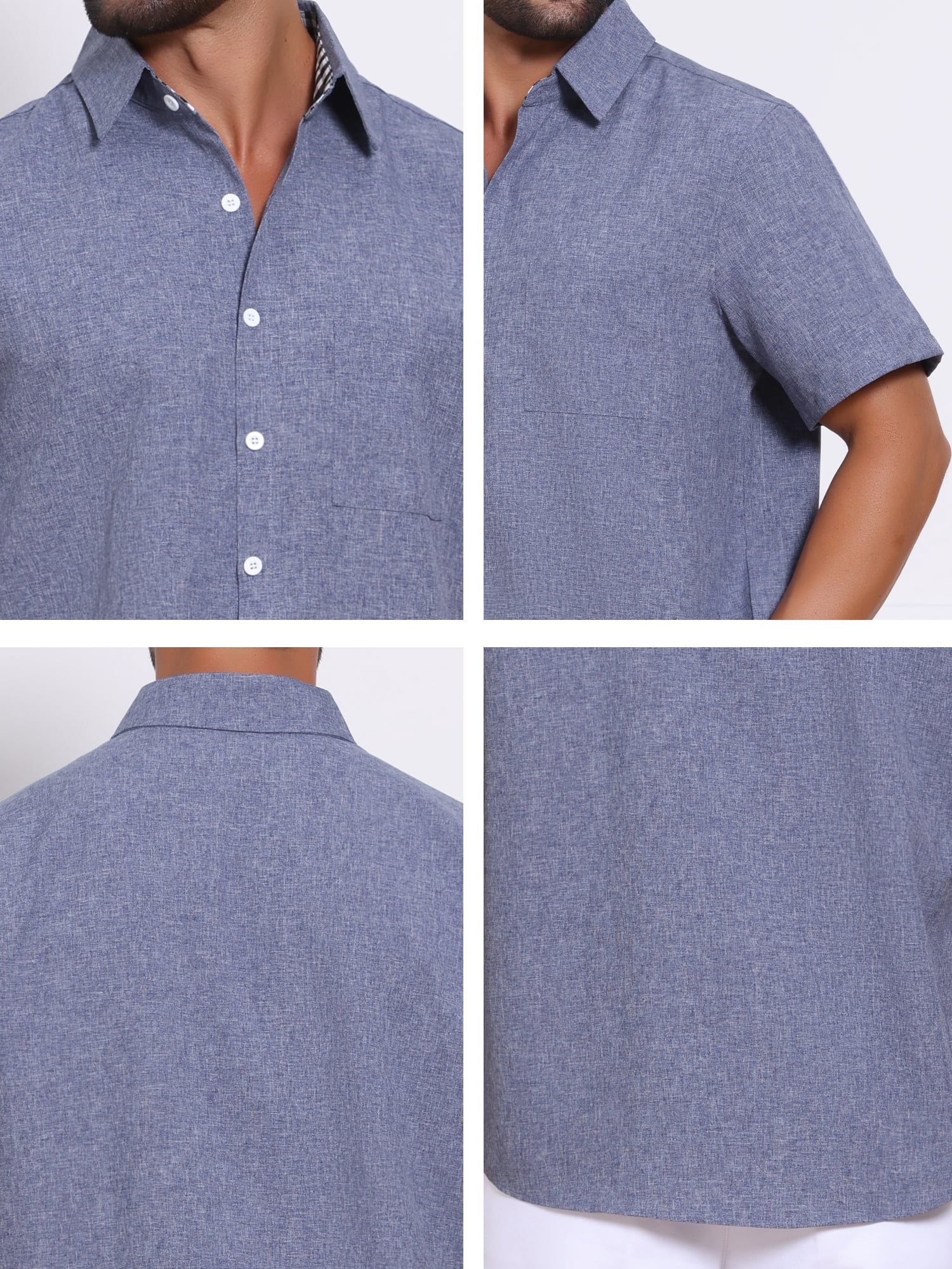 DARING DIVA Men's Plain Linen Short Sleeve Contrast Color Collar Shirts M Denim Blue