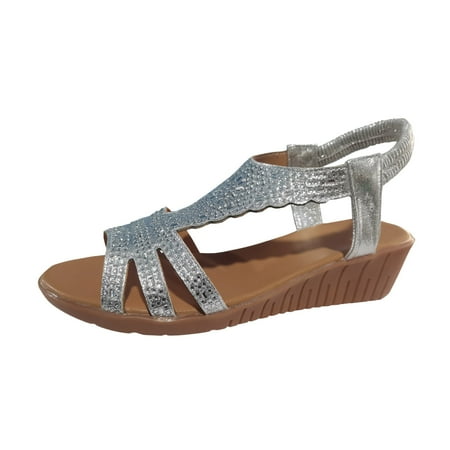 

YUHAOTIN Female Gold Sandals for Women Dressy Ladies Bohemian Leather Rhinestone Decorative Slope Heel Thick Soled Roman Sandals Wedge Sandals for Women Dressy Women s Sandals Black Dressy