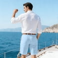 thumbnail image 4 of Dwelliawo Mens Line Cotton Shorts Casual Straight Leg Pleat-Front Linen Dress Shorts Loose Fit Travel Pants Cotton Linen 9" Flat Front Lightweight Light Blue XL, 4 of 4