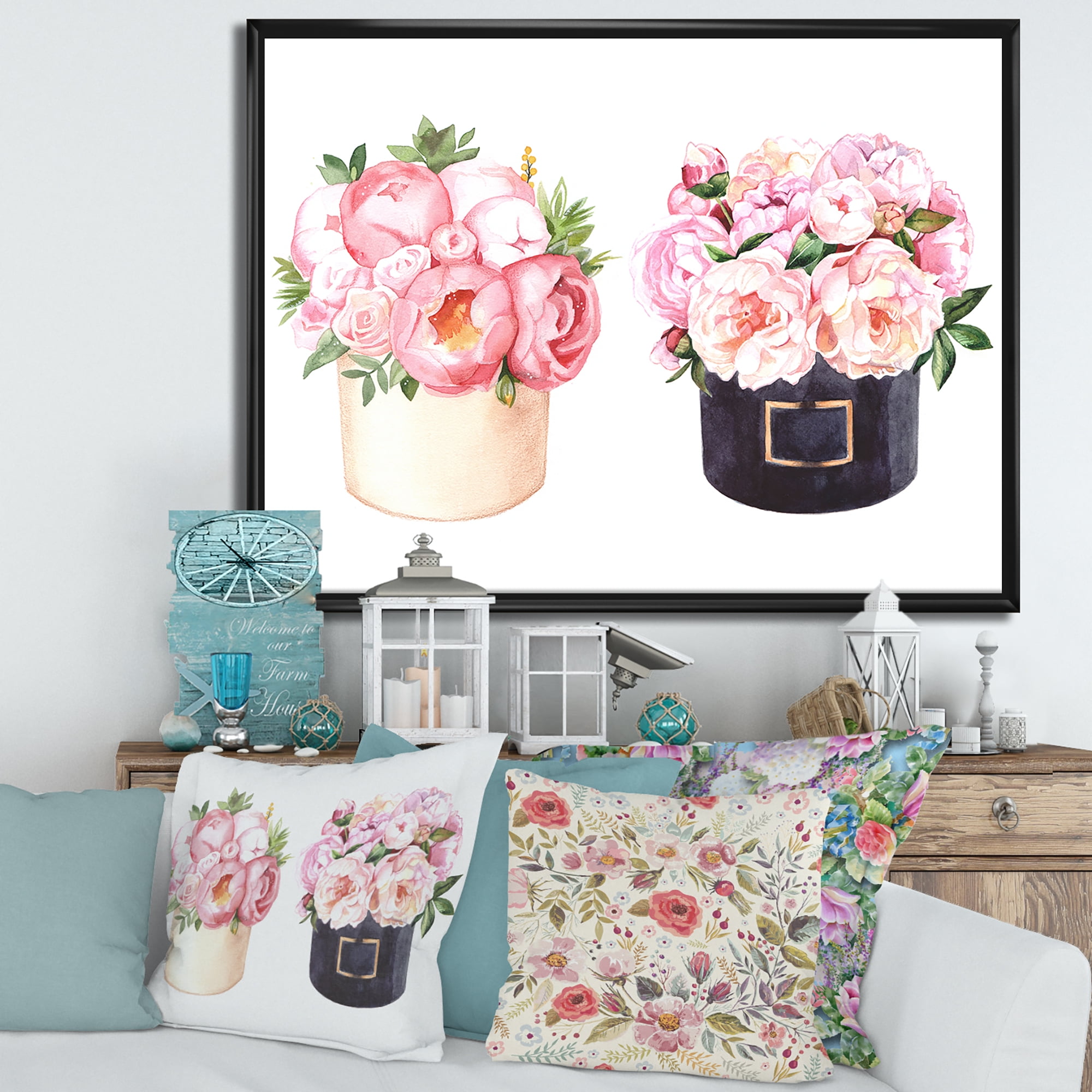 Designart 'Peonies and Rose With Flower Box' Farmhouse Framed Canvas Wall Art Print