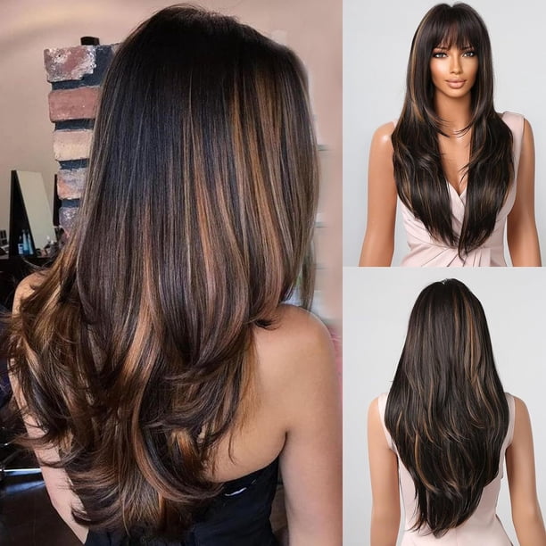 Nueva Peluca para Mujer de Moda, Peluca de Fibra Sintética, Negro Castaño, Flequillo Completo, Cabello Largo y Liso