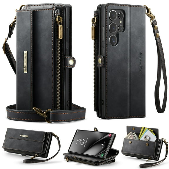 Compatible with Samsung Galaxy S23 Ultra Wallet Case, Women Men RFID Blocking PU Leather Flip Cover Zipper Pocket Card Slots Phone Case for Galaxy S23 Ultra, Wrist Strap & Crossbody Strap, Black