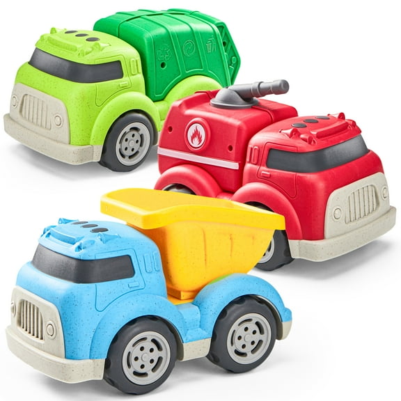 Joyfy 3 Pack 6.7" Wheat Straw  Big Trucks for Toddlers, Transport Carrier Trucks for Toddlers 1-3, Music Light Learning Toy, Christmas Birthday Gift for Kids 2 4