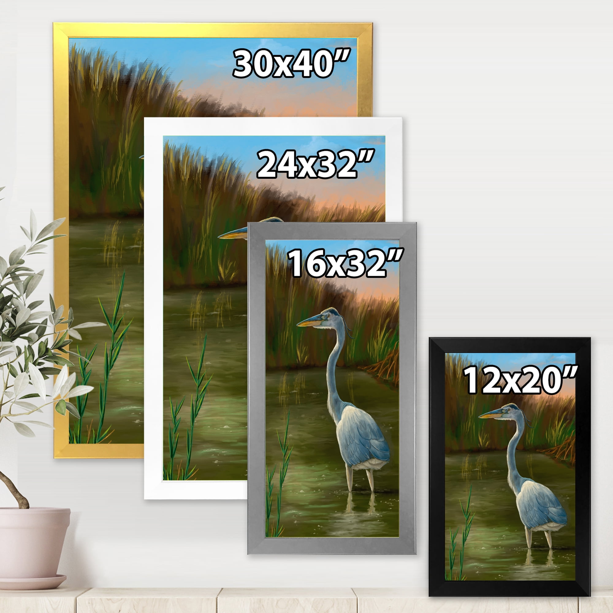 Designart 'Blue Heron Wetland Bird on The Lake Shore' Traditional Framed Art Print
