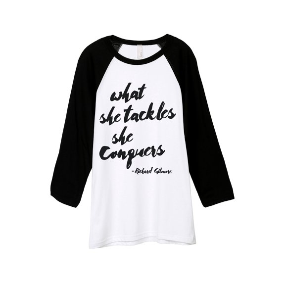 Thread Tank She Conquers Unisex 3/4 Sleeves Baseball Raglan White Black Small